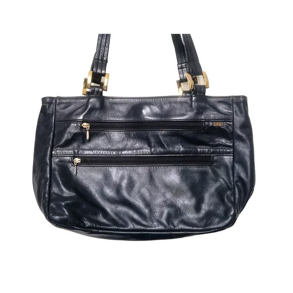 Vintage SAS Blue Leather Shoulder Bag Double Shoulder Straps Zip Snap Front 12x8 - Picture 3 of 10